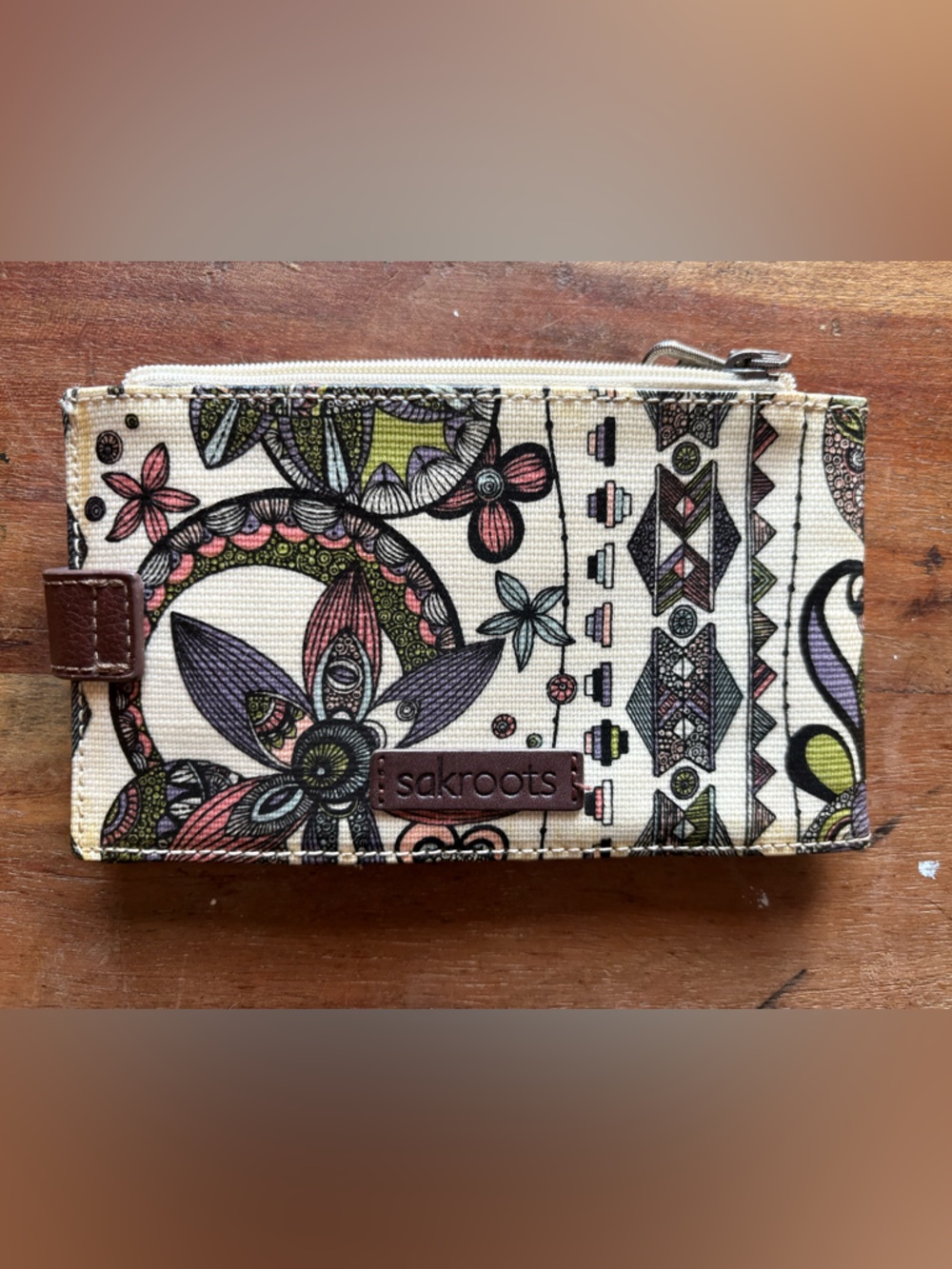Sakroots Cream Canvas Floral Zip Pouch with Pink, Purple & Green Accents
